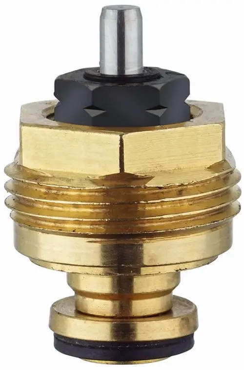 HEIMEIER Bauteil mit einem hexagonalen Kopf und einem zylindrischen Auslass. Aus Messing gefertigt, Teil von Hydronik-Systemen von IMI Hydronic Engineering.